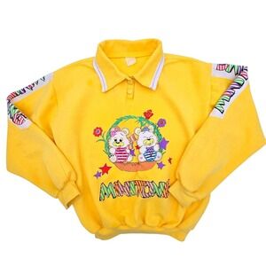 Vintage Fuda Yellow Minitong Bear Graphic Polo Collar Sweatshirt 90s Kids Large